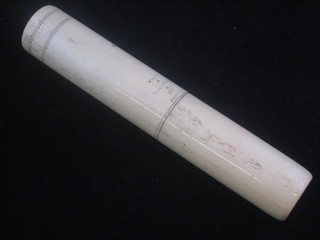 A carved ivory cylindrical needle case marked Mechi 4 Leddon Hall Street and 121 Regent Street