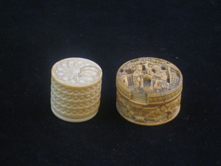 2 cylindrical carved ivory jars and covers 1" and 1 1/2", 1 f,