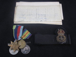 A group of 5 medals to J.54127 T R Rose, Boy later Chief Petty Officer Royal Navy, comprising British War medal and Victory  medal, 39-45 Star, Atlantic Star and British War medal together  with a certificate of service showing entitlement to Long Service  Good Conduct medal 1934, 2 signal history sheets and a Chief  Petty Officer's cap band