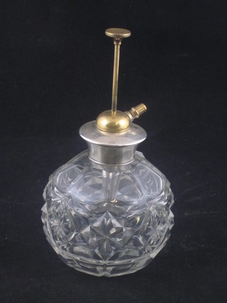 A cut glass perfume atomiser with plated mount