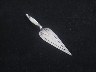 A Victorian silver bookmark in the form of a trowel with mother  of pearl handle, Birmingham 1887