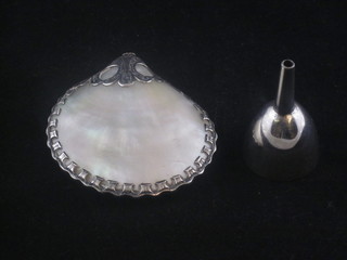 A silver plated and mother of pearl mounted scent bottle together with a silver plated perfume bottle funnel