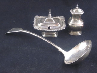 A silver plated fiddle pattern soup ladle and a large silver plated mustard and pepper pot