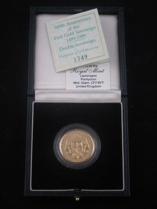 A 1989 500th Anniversary double sovereign, cased   ILLUSTRATED