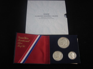 A set of 3 United States Bi-Centennial silver proof coins,  together with a 2007 Queen's Diamond Wedding silver proof  crown