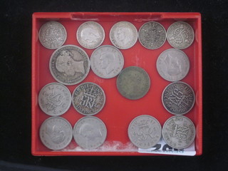 A Victorian 1875 shilling and a small collection of other silver  coins