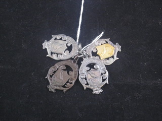 3 silver watch chain medallions and 2 bronze ditto