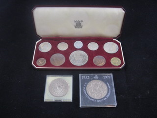 A 1953 proof set of coins together with a Queen Mother crown  and a 1977 Silver Jubilee crown
