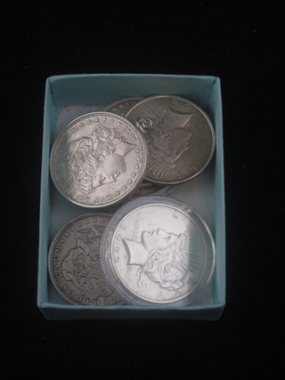 5 various American silver dollars 1881, 1883, 1889, 1921, 1922 and 1925, together with a 1921 enamelled dollar pendant