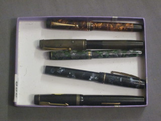 A Stephens Leverfill no.270 fountain pen, a Kingswood fountain  pen, a Burnham no.44 fountain pen, The Chatsworth and a  Parker Duofold fountain pen, together with a cased set of fish  knives and forks