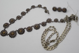 A modern silver flat link chain and a suite of filigree jewellery comprising bracelet and brooch