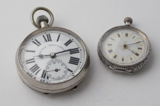 A Swiss made railway regulator with enamelled dial and Roman  numerals contained in a chrome case, together with a lady's fob  watch contained in a Continental silver case
