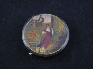 A circular 19th Century lacquered snuff box the lid decorated a  lady and gentleman 2 1/2"