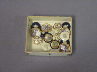 4 gilt metal and enamelled buttons marked E M Paris together  with 6 blue Satsuma porcelain buttons and 6 other porcelain  buttons