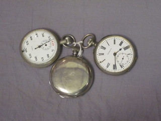 A gentleman's silver pocket watch with enamelled dial contained in a full hunter case, f, a Zenith pocket watch contained in a  chromium plated case and a stop watch, f,