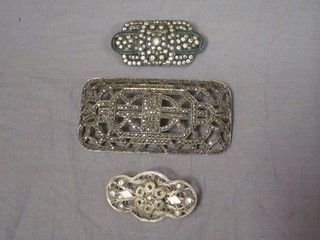 An Art Deco rectangular pierced marcasite brooch/buckle and 2 others