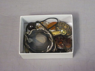 A piquet brooch, a gilt metal brooch, a silver belcher link chain, a monocle etc