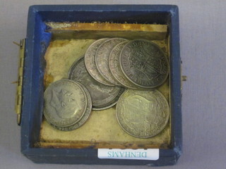 A Belgium Leopold II 1867 crown, 2 Edward VII silver  Coronation medallions, 6 George V half crowns - 1 x 1914, 3 x  1915, 1 x 1916 and 1 x 1931, and a George V florin 1929