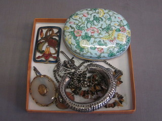 An oval enamelled trinket box, 2 hardstone brooches, 2 Langtree watch chains etc