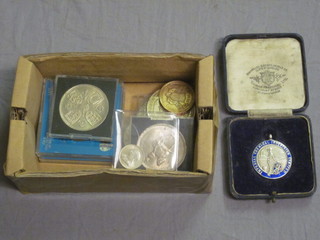A Victorian 1893 sixpence, a silver and enamelled Imperial Chemicals Industry limited medal and a collection of other coins