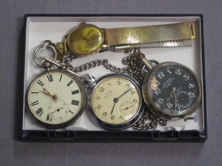 A pocket watch contained in a silver open faced case, a Military  issue open faced pocket watch, the dial marked 30 hour non  luminous Mark 5, BH1237, a gilt metal Timex wristwatch and 1  other pocket watch