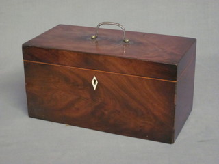A 19th Century rectangular mahogany tea caddy with hinged lid and ivory diamond shaped escutcheon 12", no interior,