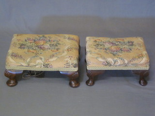 2 similar rectangular Queen Anne style footstools, raised on cabriole supports 14" and 12"