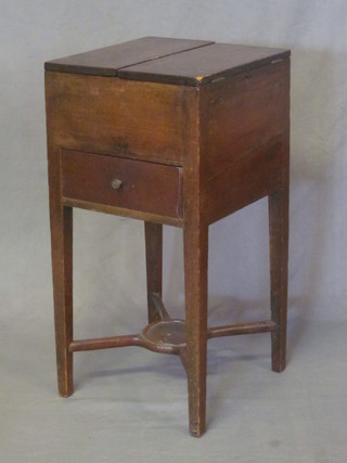 A 19th Century oak enclosed wash stand with hinged lid, the base fitted a drawer, raised on square tapering supports with X framed  stretcher, converted for use as a sewing table, 14"