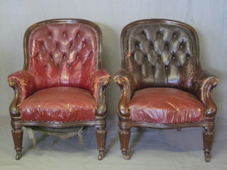 A pair of William IV mahogany tub back armchairs upholstered in buttoned material, raised on turned and reeded supports   ILLUSTRATED