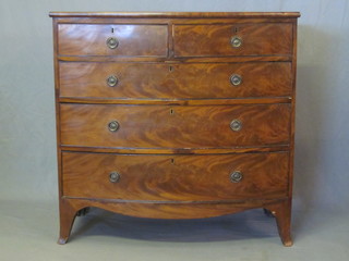A Victorian bow front chest of 2 short and 3 long drawers with  brass escutcheons, raised on bracket feet 41"