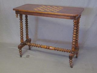 A Victorian inlaid walnut stretcher table, the top inlaid a chessboard, raised on turned supports with H framed stretcher  35"