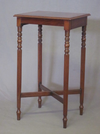 A square mahogany occasional table, raised on turned and reeded supports with X framed stretcher 18"