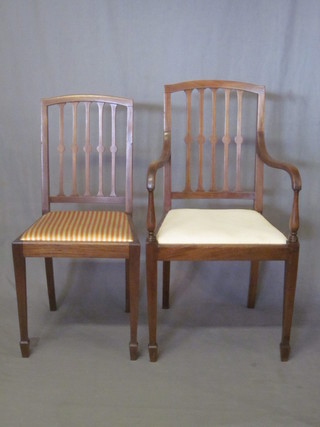A set of 5 Edwardian inlaid mahogany stick and rail back dining chairs - 1 carver, 4 standard