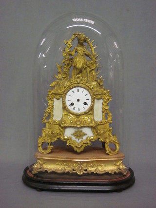 A French 8 day striking table clock contained in a white marble  and gilt spelter case surmounted by a figure of a lady, by Thomas  Pearce & Sons of Paris, no hands, complete with glass dome   ILLUSTRATED