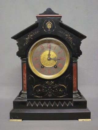 A Victorian French 8 day striking mantel clock with gilt dial and Arabic numerals contained in a black marble architectural case by  LeRoy & Fils