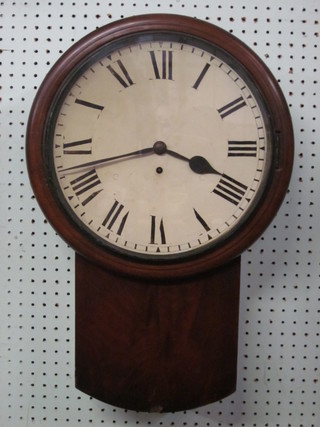 A 19th Century drop dial fusee wall clock with 11" dial painted  Roman numerals and 5" brass back plate, contained in a  mahogany case