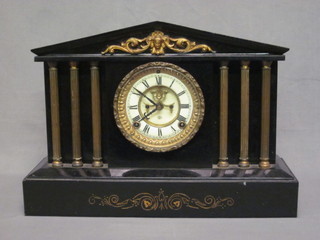 A 19th Century American 8 day mantel clock with porcelain dial,  Roman numerals and visible escapement, contained in a pine  architectural case