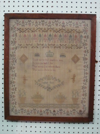 A Victorian wool work sampler with alphabet, letters, floral  border and motto by Sophia Bird 1855 14 1/2" x 12"