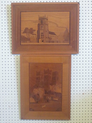 A 1930's parquetry picture of Durham Cathedral 16" x 12" and 1  other of a Country Church
