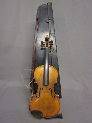 A violin with 2 piece back 14", complete with bow and carrying  case