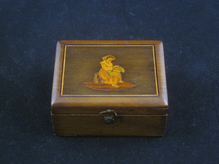 A "Sorrento" inlaid mahogany stamp box with hinged lid  decorated a figure of a seated lady 3"