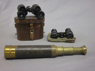 A brass 3 draw pocket telescope, a pair of Turol 4X binoculars  and a pair of opera glasses