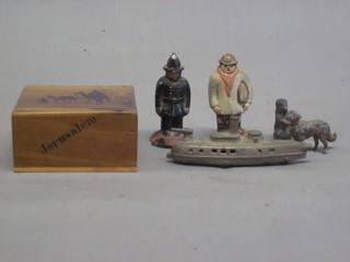A model battle ship 3", a model Policeman, a small metal figure  of a dog, an olive wood box etc
