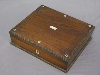 A square Victorian rosewood and inlaid mother of pearl trinket box with hinged lid 11"