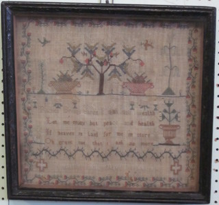 A 19th Century wool work sampler decorated flowers with motto  by Elizabeth Hill?, some holes, 12" x 12"