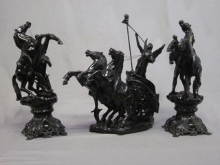 A black painted spelter Marley horse group comprising figure of  a charioteer supported by 2 Marley horses