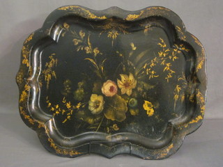 A Victorian shaped black lacquered papier mache tray with floral decoration 26", some damage,  ILLUSTRATED