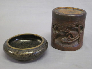 A carved cylindrical bamboo box and cover 5"