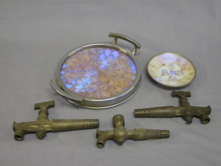 An Art Deco chromium plated butterfly wing decorated twin  handled tray 8", do. dish 5" and 3 brass beer spickets
