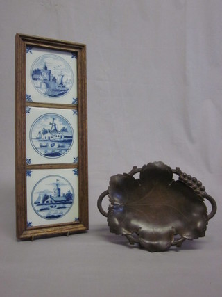 A carved German twin handled musical dish 11" and 4 blue and  white tiles mounted as a tray